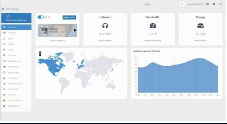 Illustrative hosting dashboard preview with station management controls
